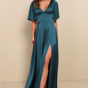 Lulu’s Elegant Confidence Teal Satin Flutter Sleeve Cutout Maxi Dress - XL